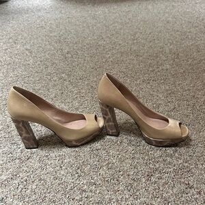Vince Camuto Tan Peep-Toe Block Heels